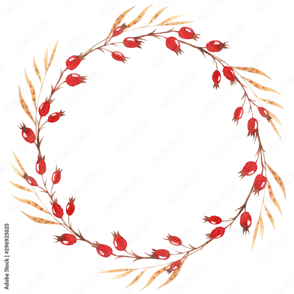 Watercolor round frame with dried winter herbs, leaves and dog-rose berries isolated on white background. Autumn artwork. Hand drawn floral wreath perfect for invitations, greeting cards, postcards.