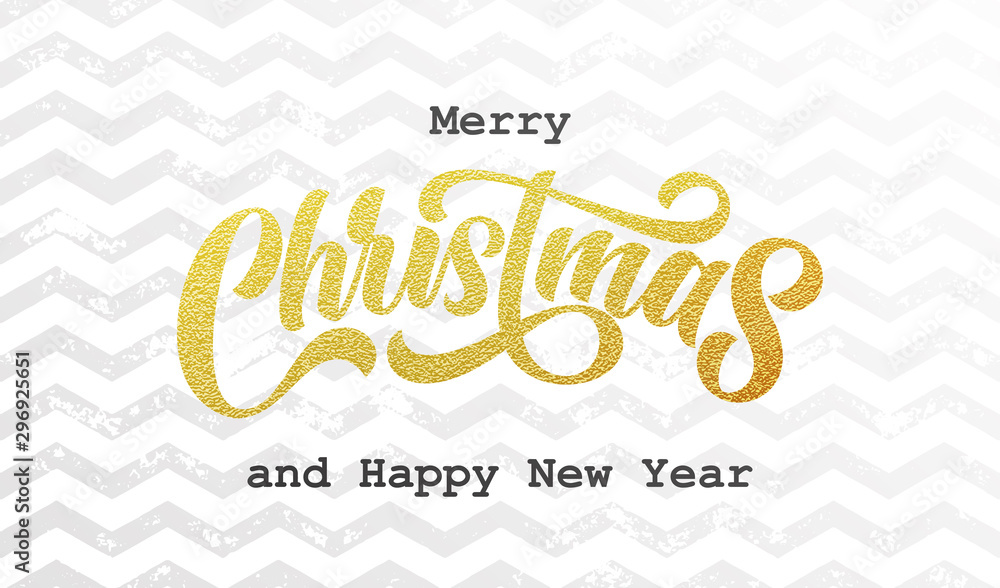 Merry Christmas golden calligraphy lettering with zigzag pattern background. Vector Xmas holiday sparkling ornaments on white background design