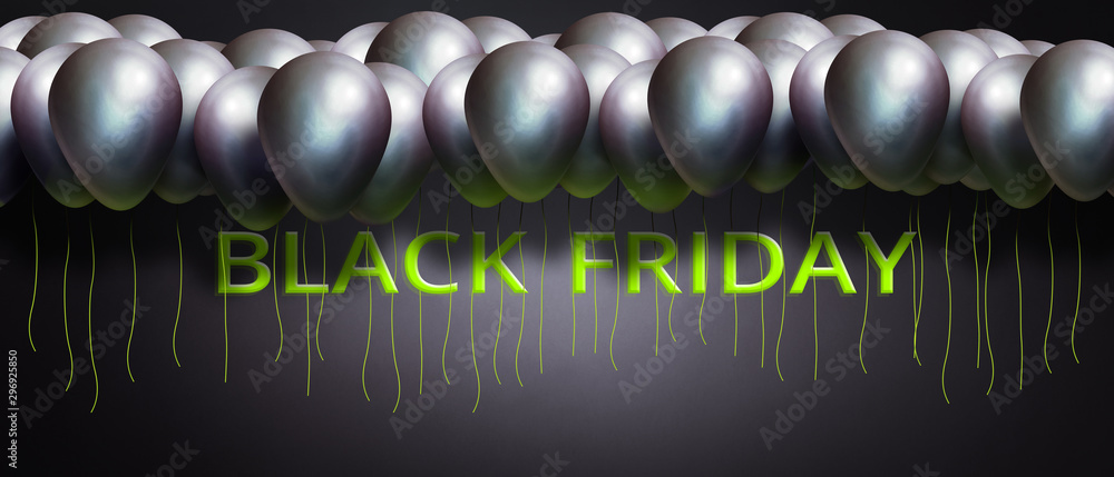 Black friday sale promo banner with color shiny balloons. Black Friday Sale fashion background. 3d illustration. Black friday sale promo banner with color shiny balloons. Black Friday Sale fashion background. 3d illustration.