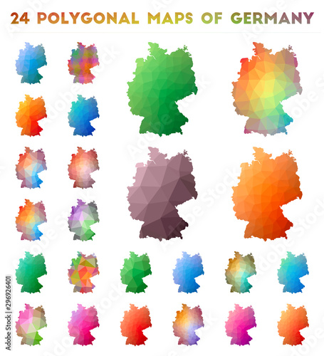 Set of vector polygonal maps of Germany. Bright gradient map of country in low poly style. Multicolored Germany map in geometric style for your infographics.