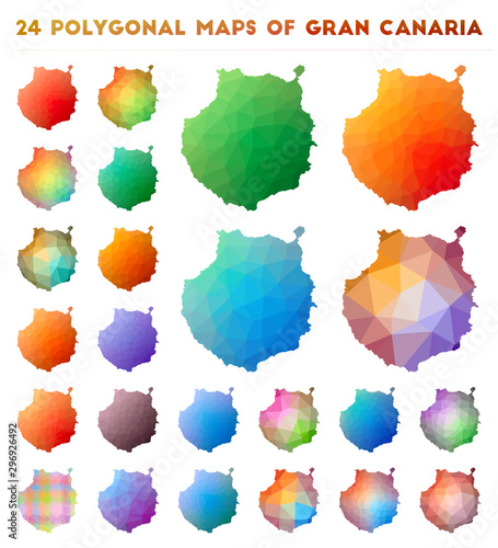 Set of vector polygonal maps of Gran Canaria. Bright gradient map of the island in low poly style. Multicolored Gran Canaria map in geometric style for your infographics.