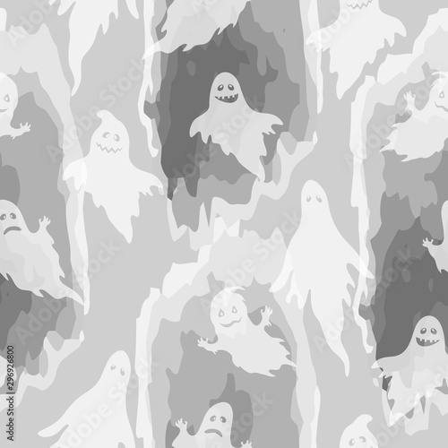 Wallpaper Mural Seamless Halloween Pattern, Flight Cartoon Ghosts Silhouettes, Tile Holiday White and Grey Background. Vector Torontodigital.ca