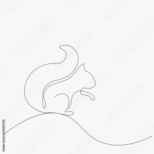 Forest background, squirrel one line drawing vector illustration