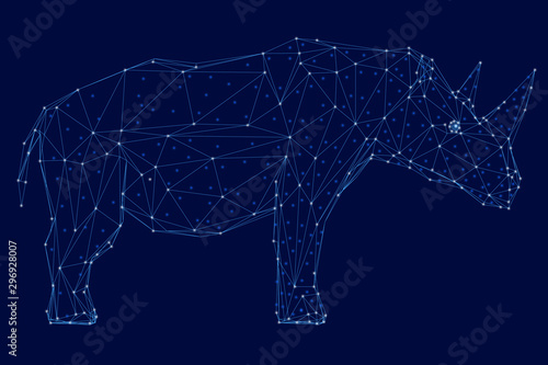 Wireframe of a rhino of blue lines on a dark background with luminous lights. Side view. Vector illustration.