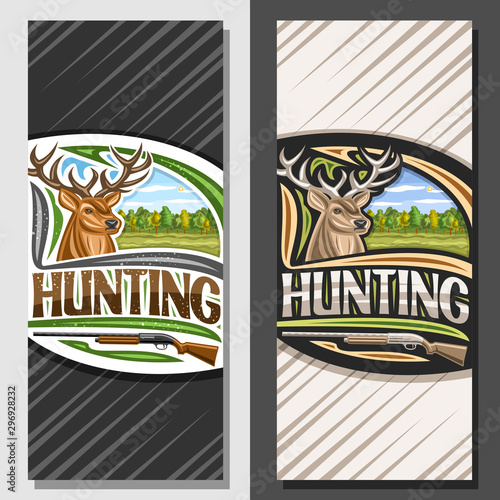 Vector layouts for Hunting, decorative leaflet with illustration of white-tailed deer head on autumn trees background, original typeface for word hunting and old rifle, vertical concept for hunt club.
