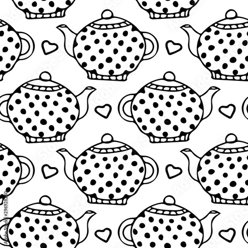 polka dot teapots and hearts vector seamless pattern. Hand drawn doodle simple liner Scandinavian style.