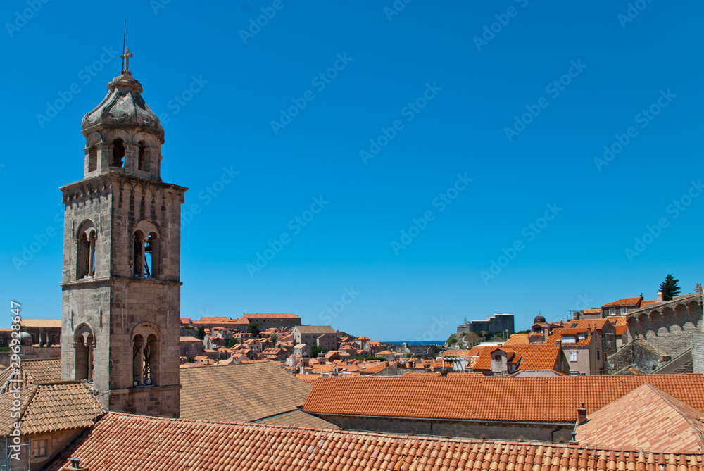 View of Dominican Monastery in Dubrovnik with slim tower inside the old town