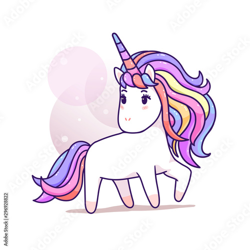 Kawaii magical unicorn standing pastel color, happy cartoon vector