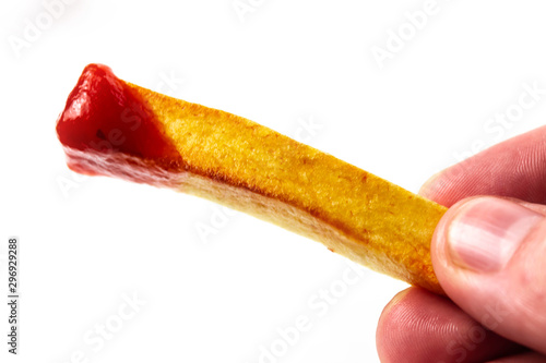 French fries with ketchup in hands on a white background isolate