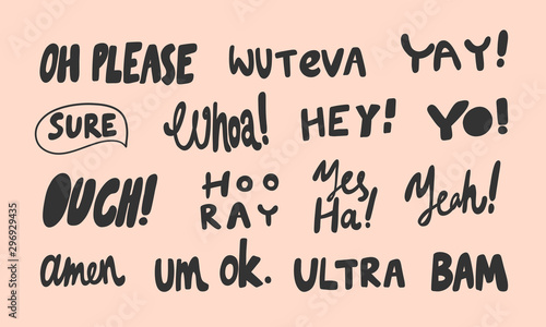 Please, ouch, hooray, bam, ultra, ok, amen. Vector hand drawn illustration sticker collection with cartoon lettering. Good as a sticker, video blog, social media message, gift cart, t shirt print.