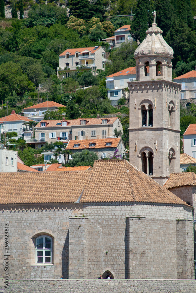View of Dominican Monastery in Dubrovnik with slim tower inside the old town