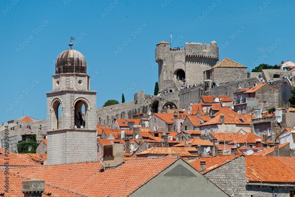 Croatia: Walls and roofs of Dubrovnik with sight on Minceta Tower and Dubrovniks Clock tower