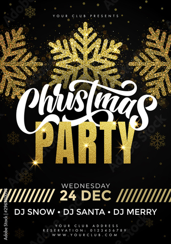 Merry Christmas Party poster. 24 December celebration banner template with text, golden twinkling stars