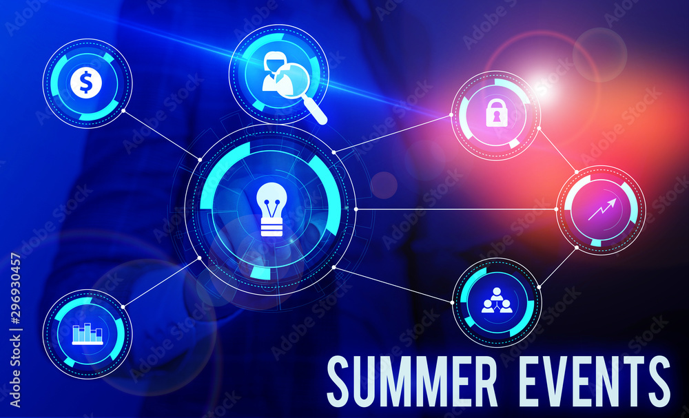 Conceptual hand writing showing Summer Events. Concept meaning Celebration Events that takes place during summertime Woman wear work suit presenting presentation smart device Conceptual hand writing showing Summer Events. Concept meaning Celebration Events that takes place during summertime Woman wear work suit presenting presentation smart device