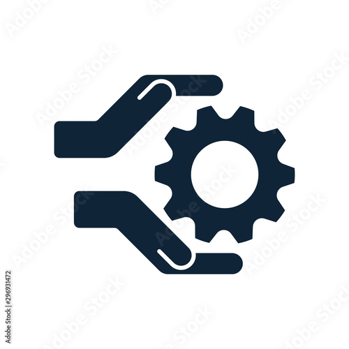 Hands with cog wheel or gear icon.