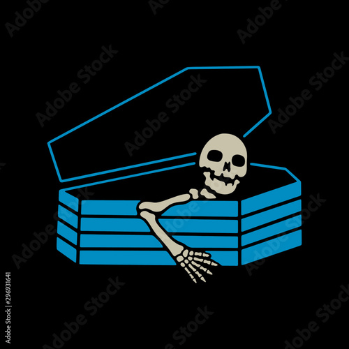 Skeleton in coffin color on black background