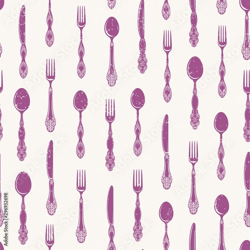 Pattern of cutleries, seamless vertical print with knifes, spoons and forks. Vector illustration in vintage style with old texture.