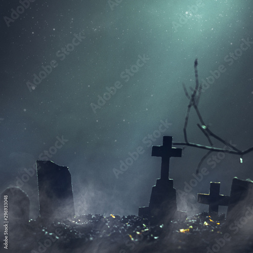 Horror Halloween Holiday. Tombstones and graves in a cemetery on a moonlit night photo