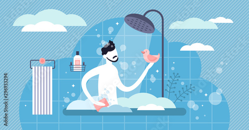 Daily life showering vector illustration. Flat tiny hygiene persons concept