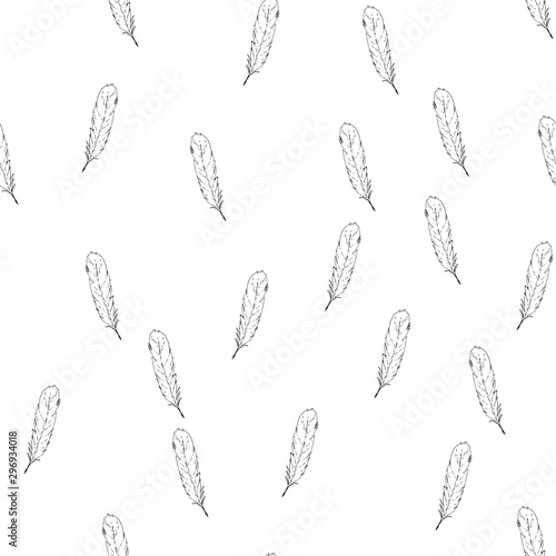 Feather pattern falling background. Hand drawn vector seamless print.