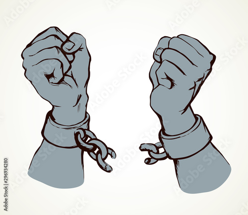 Hands tearing shackles. Vector drawing