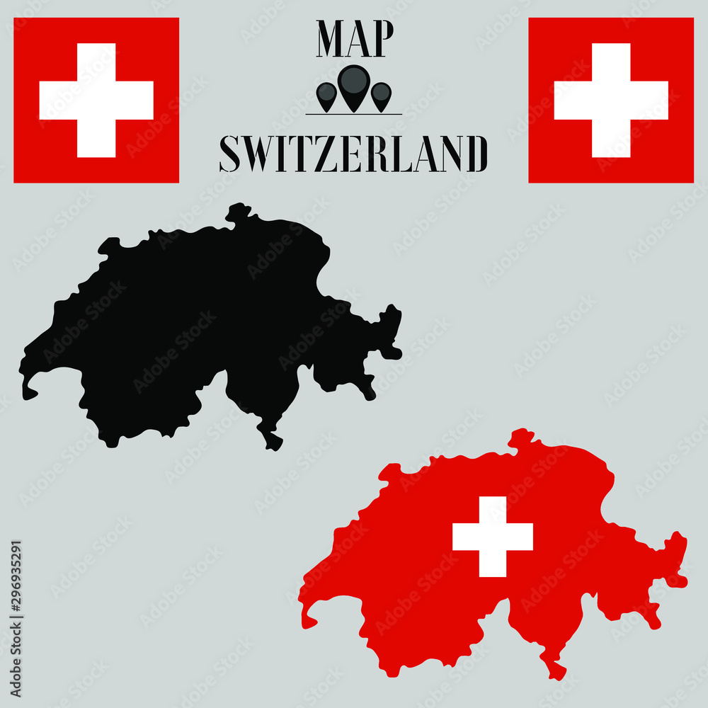 Switzerland outline world map, contour silhouette with national flag inside vector illustration creative design, isolated on background, objects, element, symbol from countries set