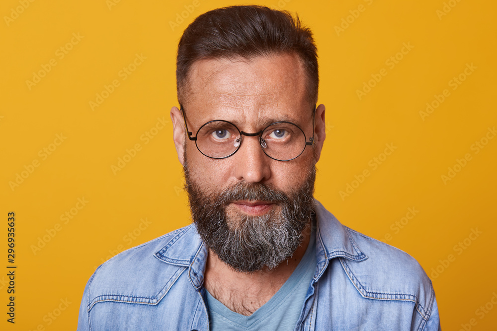 Close up portrait of masculinity handsome middle aged bearded man ...
