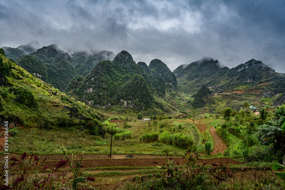 Mountain road in beautiful valley. Ha Giang province. Vietnam