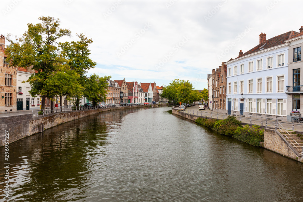 Langerei Canal running through quiet area of Brugge, Bruges, Belgium