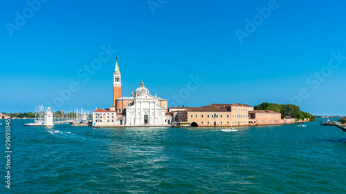 Venice. San Giorgio Maggiore Island. Panoramic view of amazing Venetian lagoon on blue sky background. Header. Banner. Space for text.  © GenоМ.