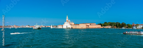 Venice. San Giorgio Maggiore Island. Panoramic view of amazing Venetian lagoon on blue sky background. Header. Banner. Space for text. 