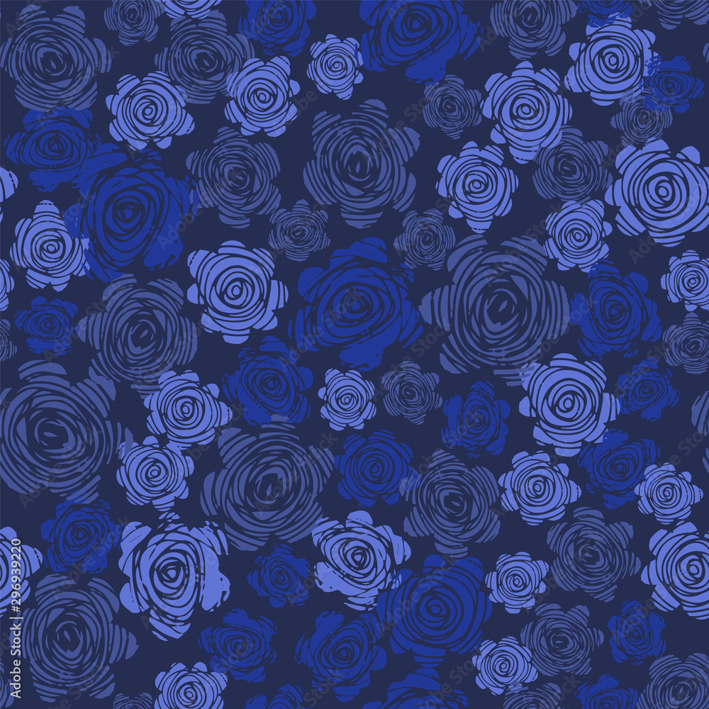 Seamless pattern with blue roses. Hand drawn rose wallpaper.