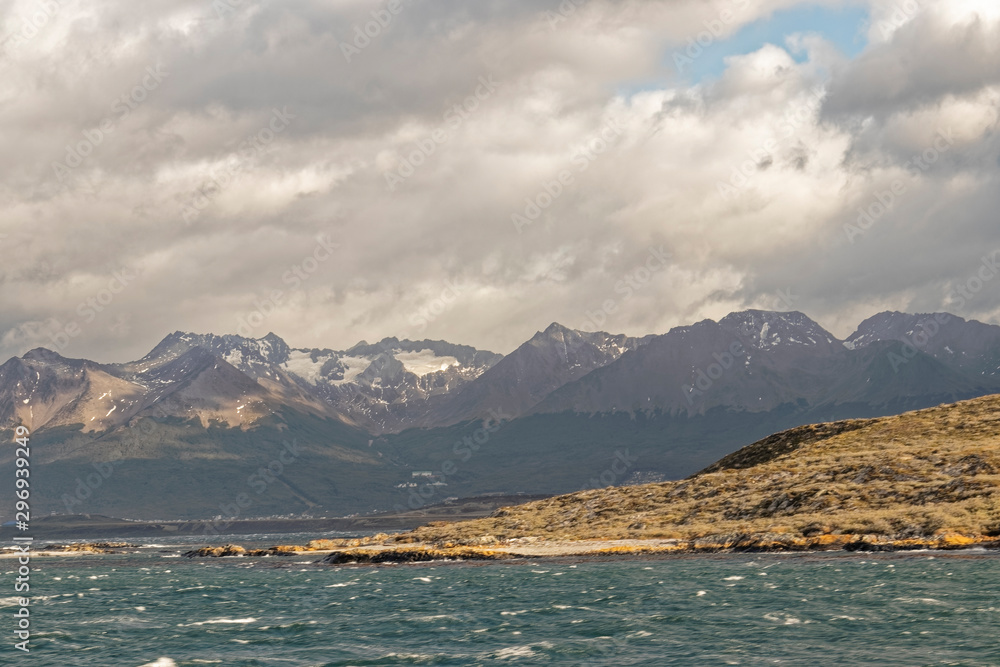 Argentina, Patagonia – view from the ocean to the mountain peaks.