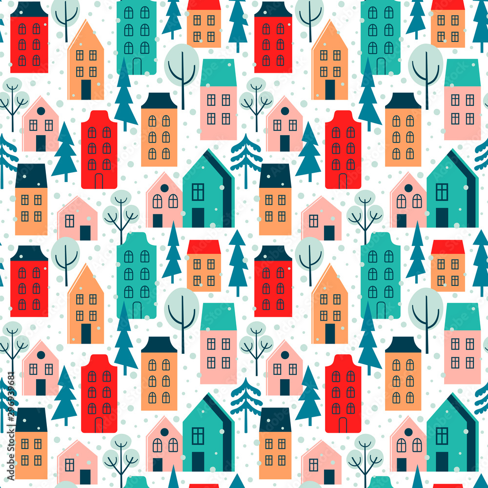 Seamless pattern with stylish houses, trees and snow. Vector background with winter city.