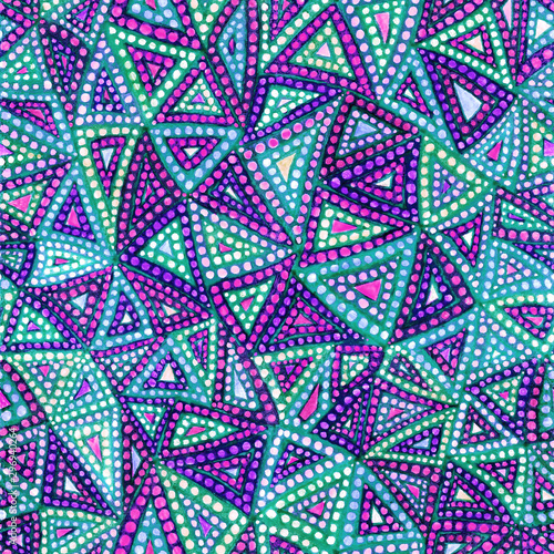 Bright abstract geometric seamless pattern in graffiti style. Handdrawn tribal geometric pattern. Color boho styled doodle background.