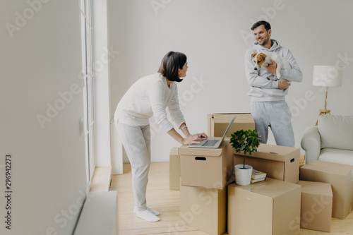 Busy woman tries to find information in laptop computer, buys furniture online, man stands with dog on hands, smiles and talks to wife, surrounded with pile of cardboard boxes have to unpack property photo