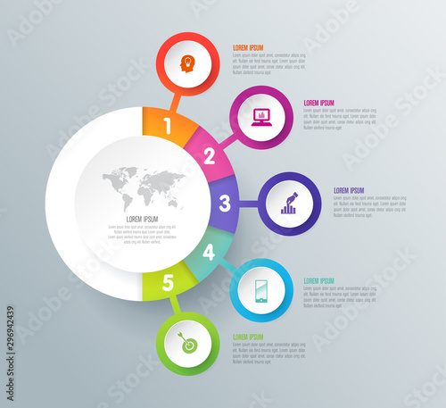 Infographics design paper art style and business icons with 5 options. Use in corporate report, marketing, annual report. Network management data screen with charts, diagrams.