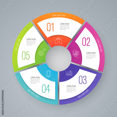 Infographics design paper art style and business icons with 5 options. Use in corporate report, marketing, annual report. Network management data screen with charts, diagrams.
