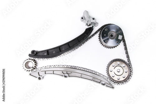 timing chain and gear kit on white background with copy space