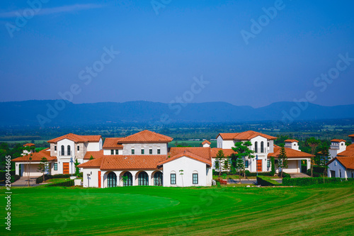 Panorama view in the countryside at of residential village, golf course landscape at My Ozone Khao Yai Nakornratchasima Thailand.
