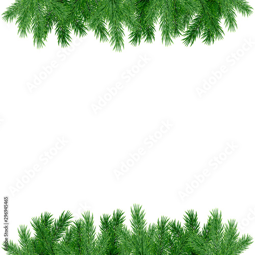 Beautiful frame with realistic spruce branches isolated on white background; Vector botanical illustration; Decorative texture with green Christmas tree twigs for greeting card, invitation or poster