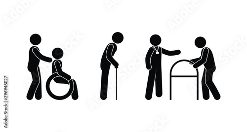 People with disabilities and friends helping them set, people need priority icon sign pictogram.