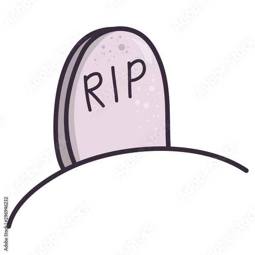 Cartoon illustration with rip gravestone on white background. Flat vector icon. Scary halloween art. Tombstone cemetery isolated.