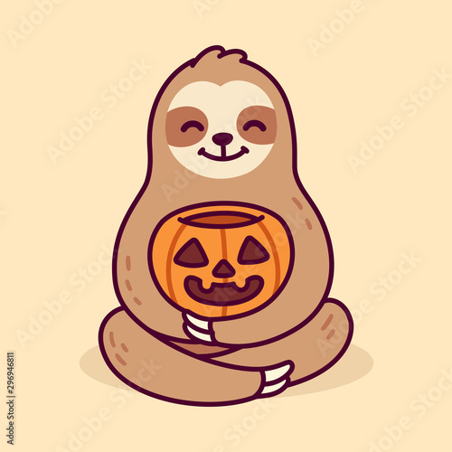 Cute cartoon sloth with Halloween pumpkin