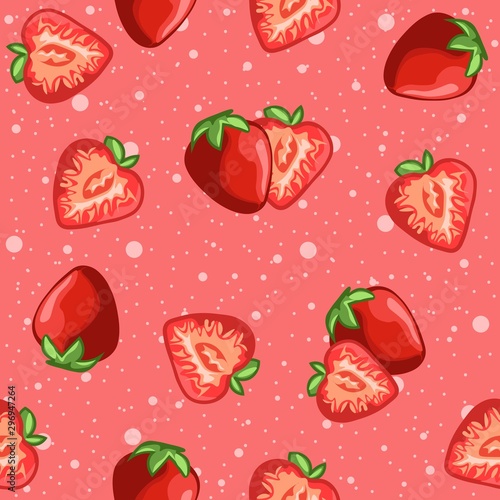 Fototapeta Naklejka Na Ścianę i Meble -  Pink red seamless pattern of strawberries and fruit slices. Tropical and exotic berries for summer season, vitamin C and nutrition diet illustration.