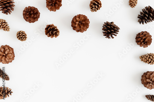 Pine cones on a white table. Flat lay with blank copy space.