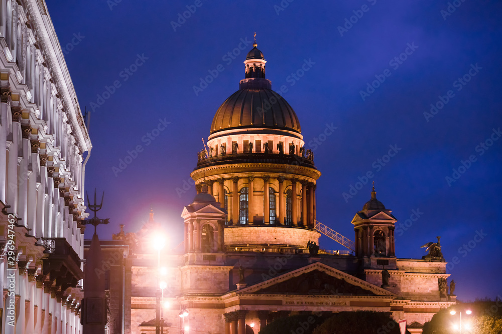 St. Isaac's Cathedral in St. Petersburg. glowing at night in the city.