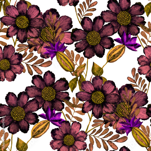 Watercolor seamless pattern with hand drawn meadow flowers. Vintage floral pa...