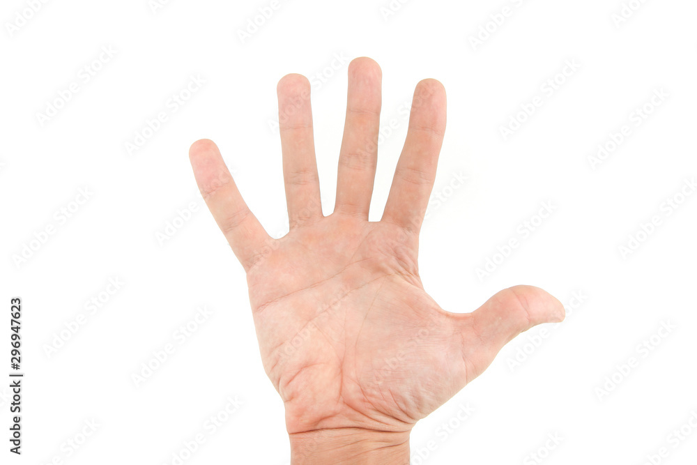 man's hand shows five fingers on a white background man's hand shows five fingers on a white background