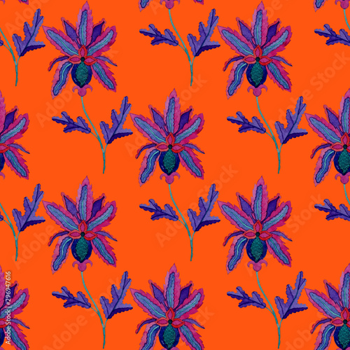 Watercolor seamless pattern with paisley flowers in arabic style. Floral deco...